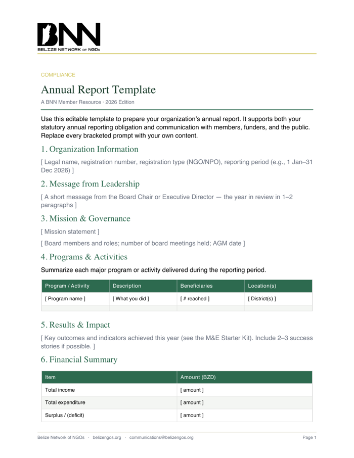 Annual Report Template — front page