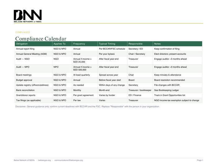 Compliance Calendar — front page