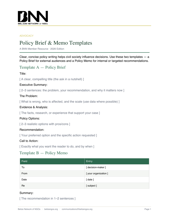 Policy Brief & Memo Templates — front page