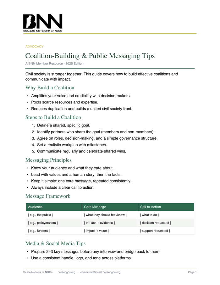 Coalition-Building & Public Messaging Tips — front page